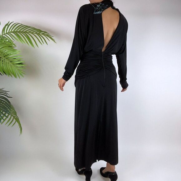Vintage 80s Black Retro Whimsigoth Ruched Beaded Maxi Evening Dress / Size: M - Picture 2 of 5